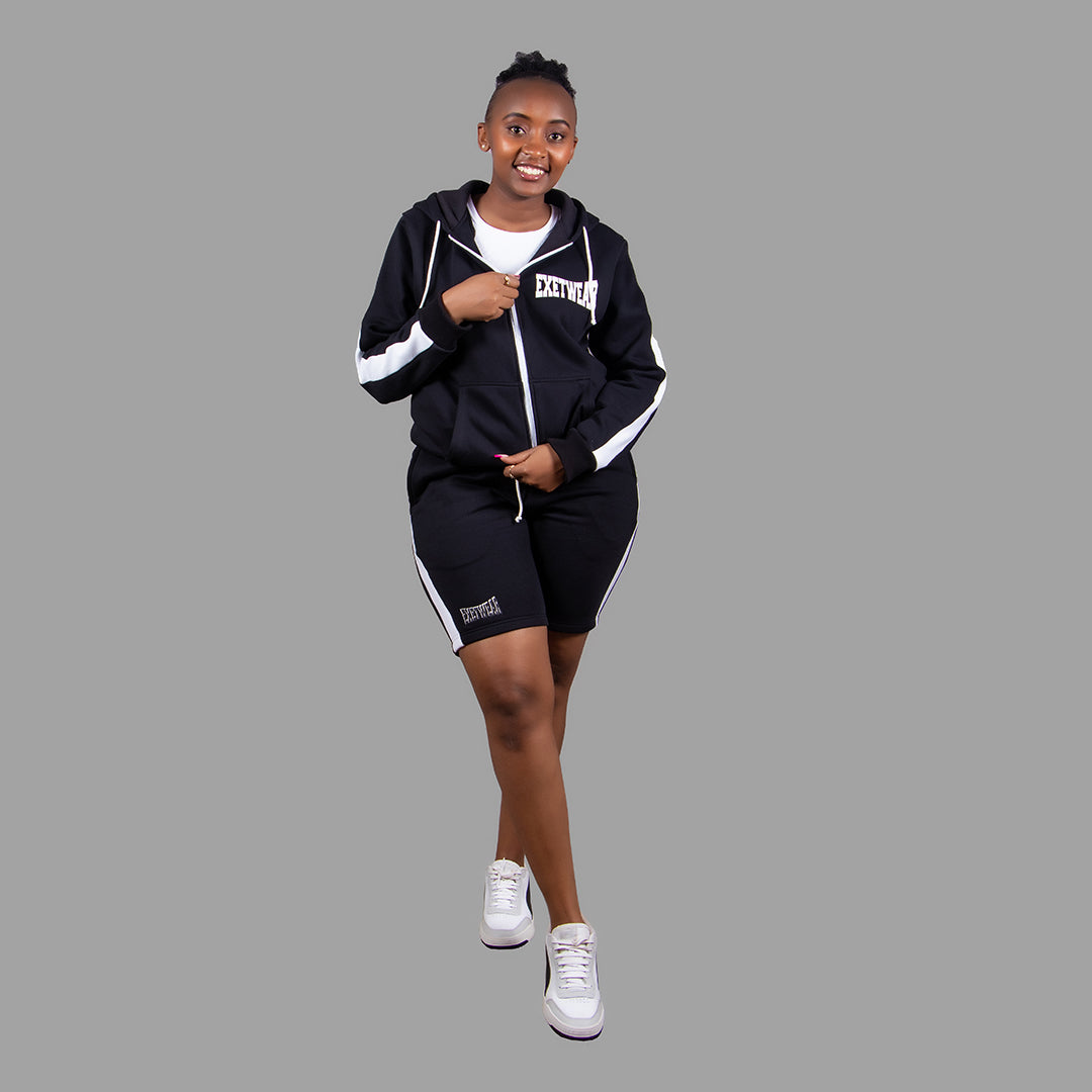 Women's Striped Zipper Hoodie Short Set (Black)