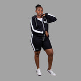 Women's Striped Zipper Hoodie Short Set (Black)