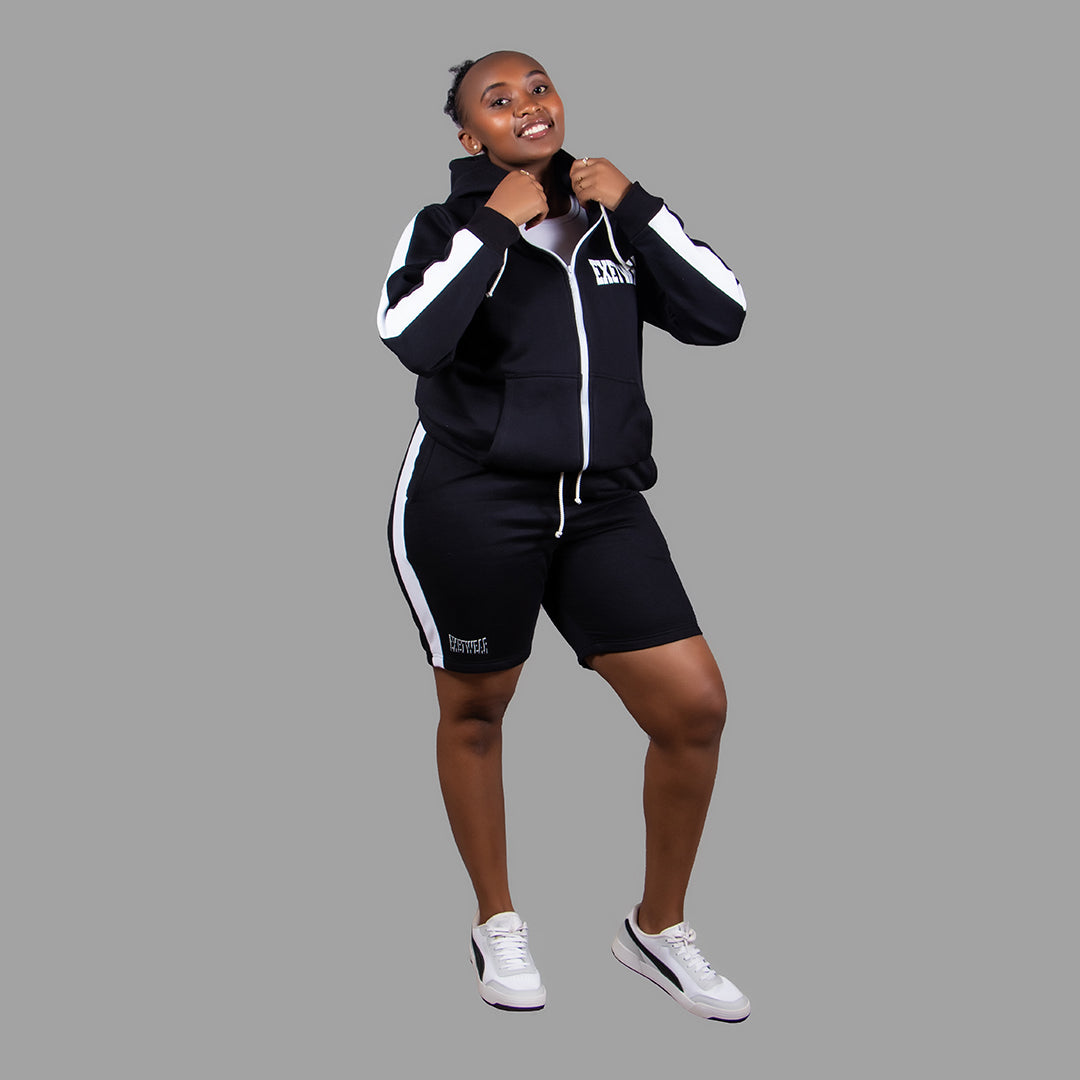 Women's Striped Zipper Hoodie Short Set (Black)