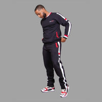 Full look: Exetwear black/red stripe fleece set — sweatshirt and sweatpants in heavyweight 320 GSM fleece, made in Nairobi, Kenya