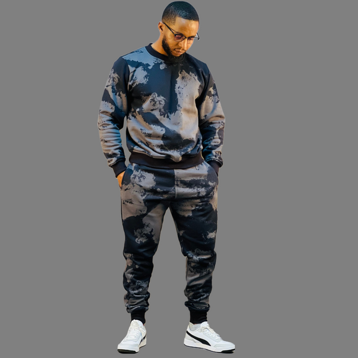 Stylish black ribbed Men's Camo Sweatsuit set.