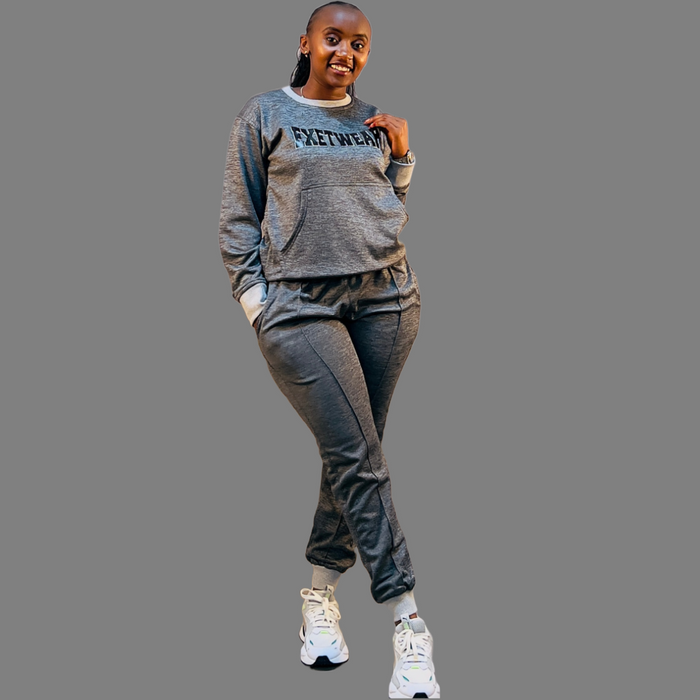 Women's Grey Fleece Sweatsuit with ExetWear Logo - Front View