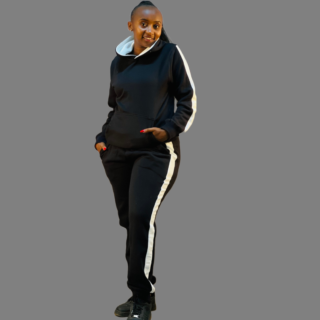 Chic black Women's Ribbed Plain Hoodie set with white stripes.