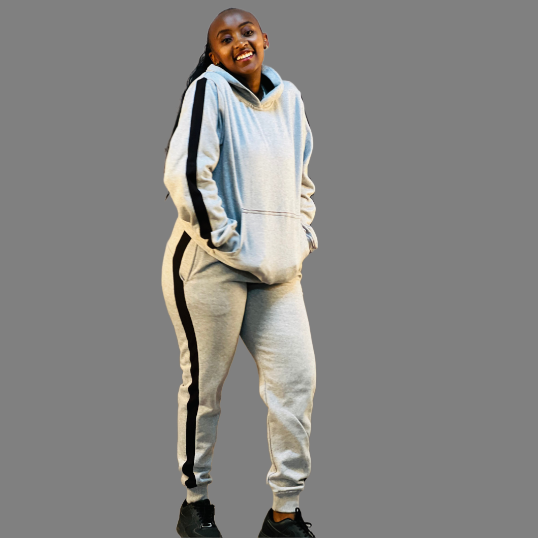 Trendy grey ribbed hoodie set with black accents for women.