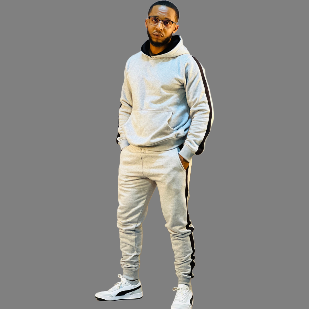 Fashionable grey ribbed hoodie set for men, showcasing black stripes for added style.