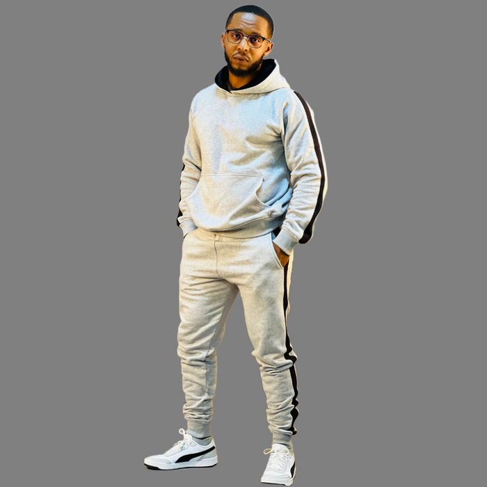 Trendy grey ribbed hoodie set for men with black accents.