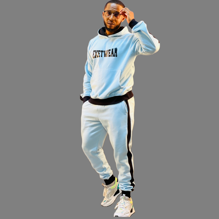 Skyblue Men Hoodie Set with black sleeve stripes and kangaroo pocket.