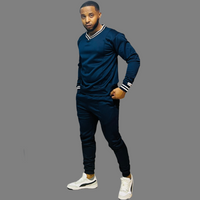 A Navy Blue Men's Tech Fleece Sweatsuit with striped V-neck and cuffs, providing ultimate comfort and style for the modern man