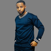 Image of a logo-free Navy Blue sweatsuit for men, featuring subtle stripes on the V-neck and cuffs, perfect for both casual and active wear