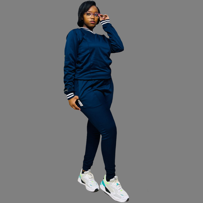 A Navy Blue Women Tech Fleece Sweatsuit with V-neck and striped cuffs, offering ultimate comfort and style